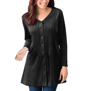 WOMAN WITHIN Velvet Pintuck Button-Up Tunic Blouse Black 3X